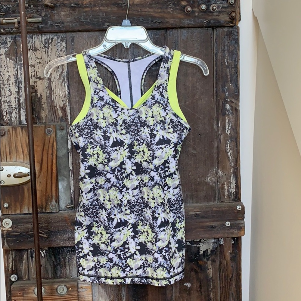 Lululemon 2 in 1 tank, floral/neon bra, sz 6
